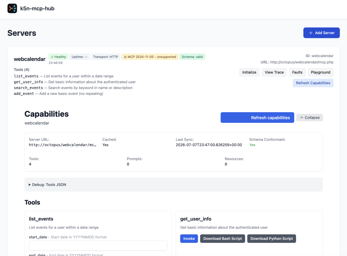 k5n-mcp-hub admin UI showing a registered WebCalendar MCP server, its health status, and discovered tools