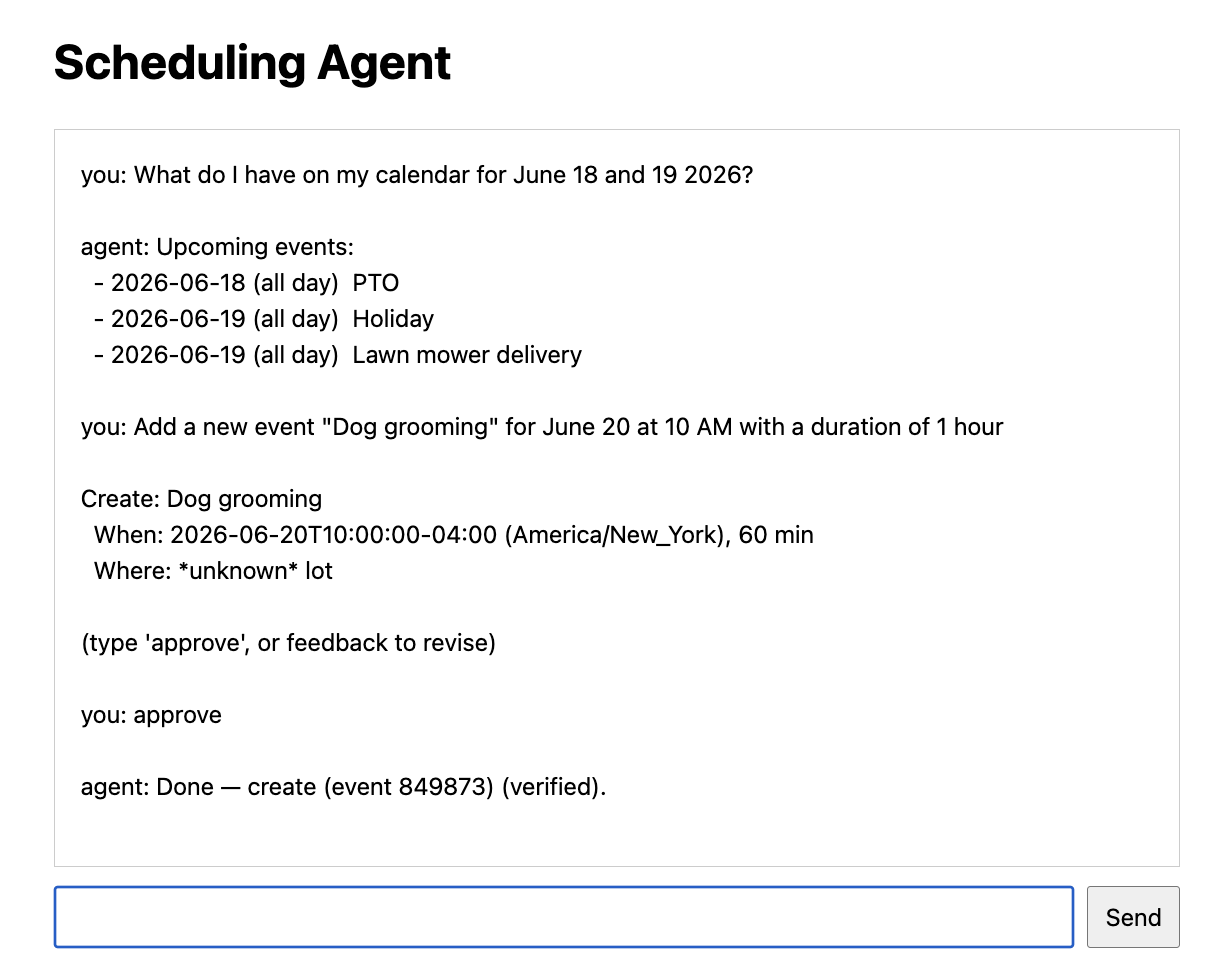 Scheduling Agent web UI proposing a Dog grooming event, waiting for approval, then confirming it was created and verified