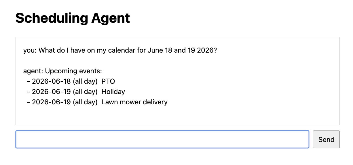 Scheduling Agent web UI answering what is on the calendar for June 18 and 19