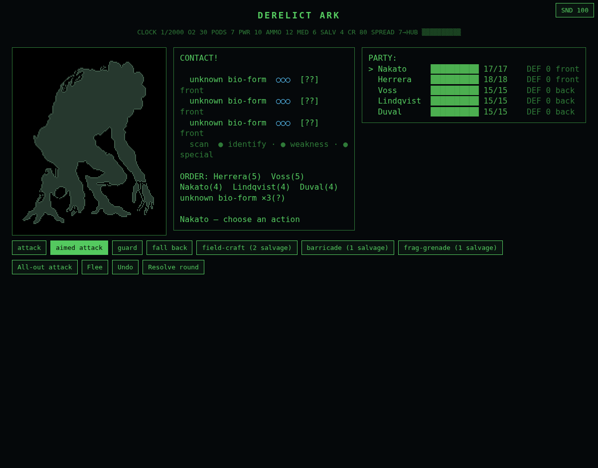 Combat screen showing an unidentified bio-form silhouette, the contact panel, turn order, and the party split into front and back ranks