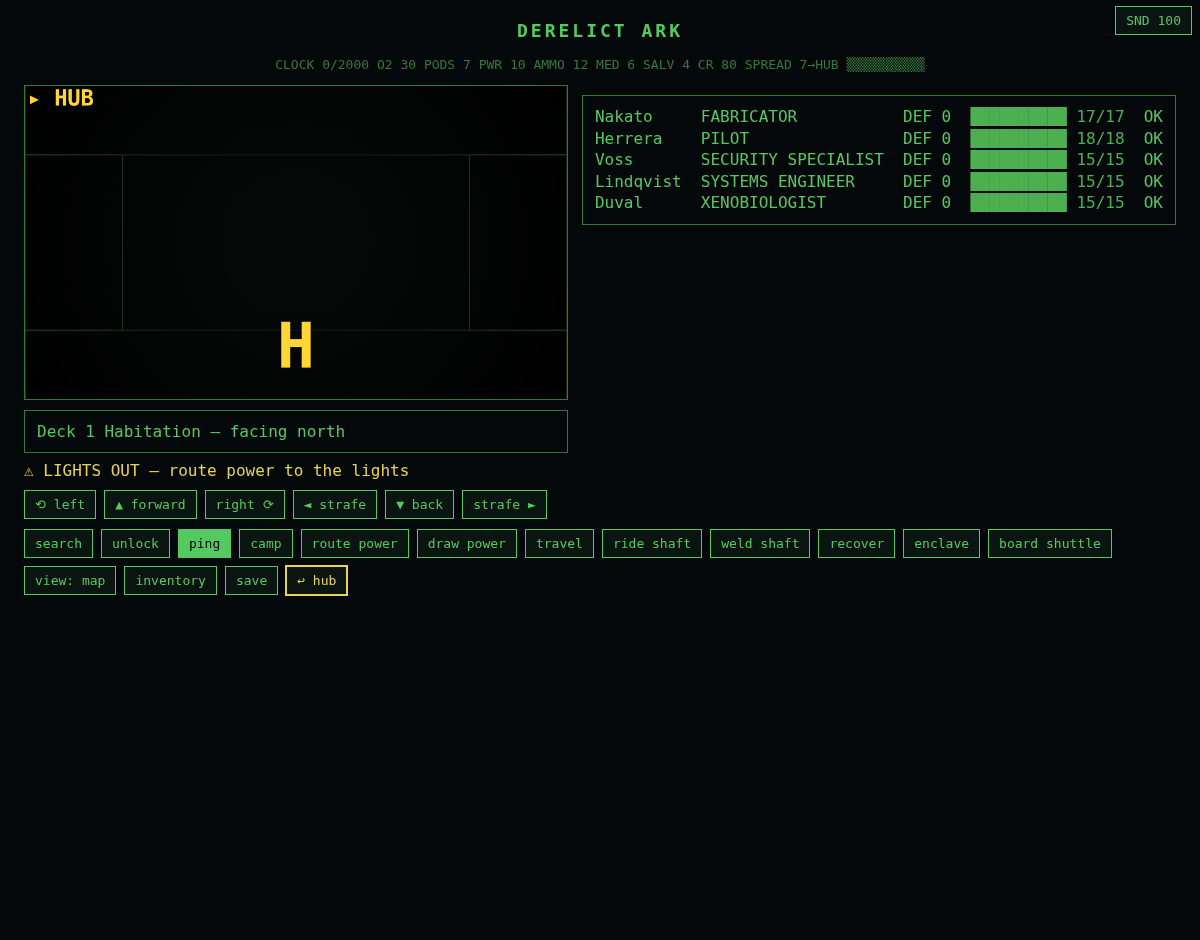 First-person grid view of a darkened deck, with the party roster, the resource clock, and the movement and action commands