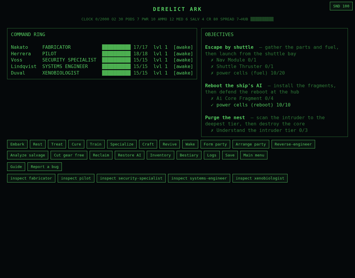 The Command Ring hub screen listing the five-person crew and three competing objectives with their progress