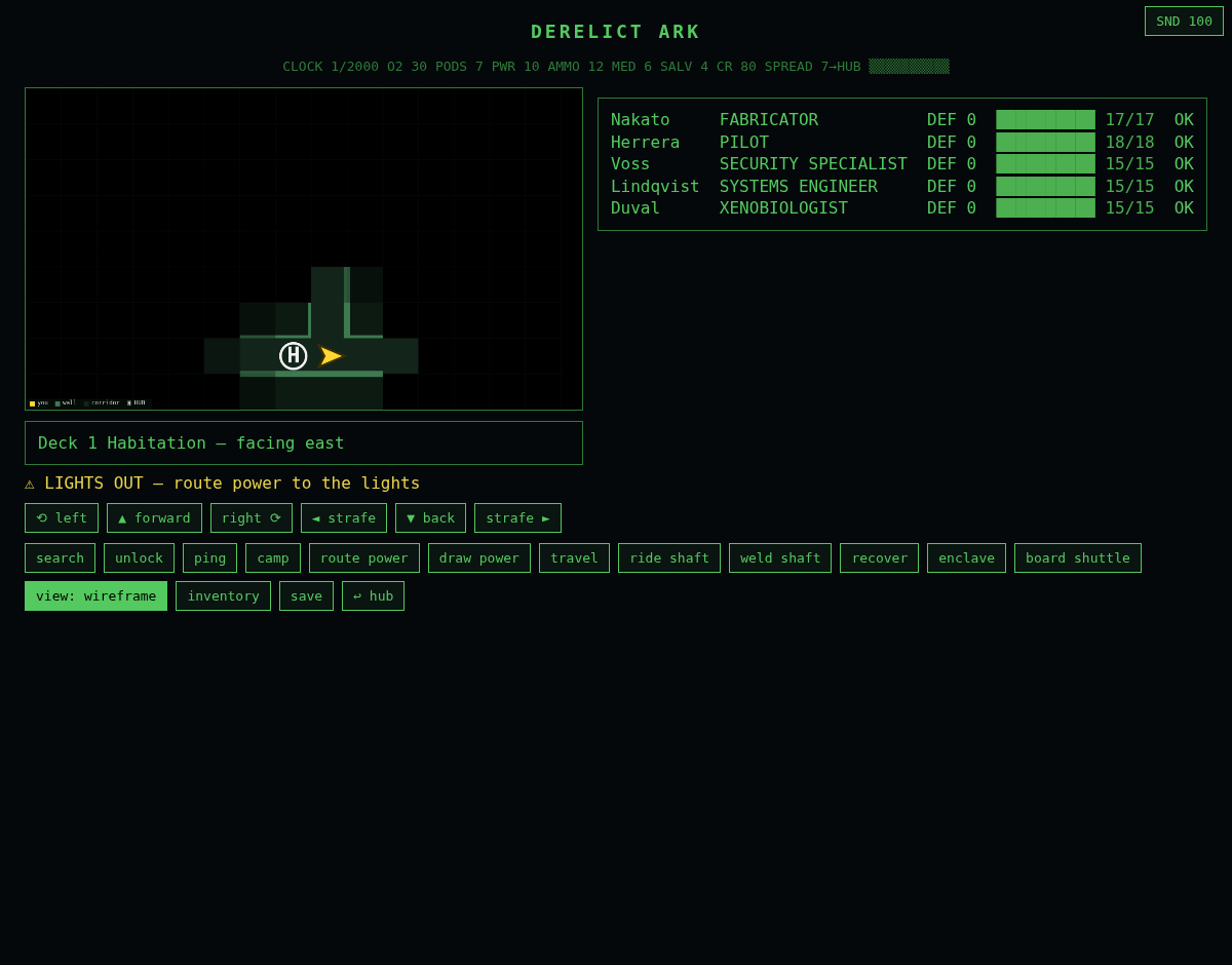 Wireframe automap of Deck 1 Habitation showing explored corridors and the party marker